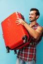 Vacation man background weekend suitcase baggage guy journey travel traveler trip flight studio happy Royalty Free Stock Photo