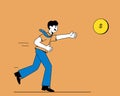 A man in a tie runs for a gold coin. A businessman in pursuit of profit. The concept of a career and the pursuit of money