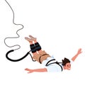 Man tied with elastic rope falling down after bungee jump. Happy jumper fly after extreme bungy leap with cord. Flat Royalty Free Stock Photo