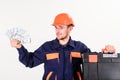 Man with toolbox got salary, money for work. Royalty Free Stock Photo