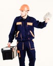 Man with toolbox got salary, money for work. Royalty Free Stock Photo