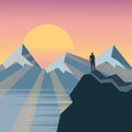 Man on the top of the hill watching wonderful scenery in mountains during summer colorful sunrise