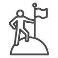Man on top of mountain with flag line icon. Discoverer, victory person symbol, outline style pictogram on white