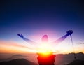 Man on the top of mountain watching sunset Royalty Free Stock Photo
