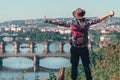 The man on top, reached the goal. destination. beautiful view of the old city of Prague, Praha, tourist tour in Europe, vacation. Royalty Free Stock Photo