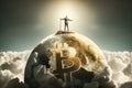 Man on top of world with bitcoin symbol on earth. power of cryptocurrencies. Generative AI.