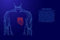 Man torso heart in breast medicine health from futuristic polygonal blue and red lines and glowing stars for banner, poster, Royalty Free Stock Photo