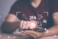 Man touch finger scan with Cybersecurity privacy protect data. 2FA internet network security technology, Two Factor Authentication