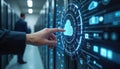 Man touch server screen with digital cloud interface. Data engineers manage data servers, cloud computing tech, analyze digital Royalty Free Stock Photo