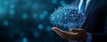 A man touches a binary cloud to store and backup data.