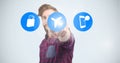 Man touching on airplane mode icon against white background Royalty Free Stock Photo