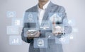 Man touching connect to data information on the Cloud Computing Technology Internet Storage Network Concept And a large database b Royalty Free Stock Photo