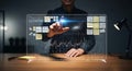 Man touching futuristic transparent screen with data analysis, charts and sticky notes Royalty Free Stock Photo