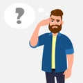 Man touching his temples and questioning. Man holding finger on head and in the thought bubble question mark appearing. Royalty Free Stock Photo