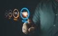 Man touching an icon of 100 percent on a virtual screen. Timeline to successful project Royalty Free Stock Photo
