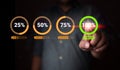 Man touching an icon of 100 percent on a virtual screen. Timeline to successful project Royalty Free Stock Photo