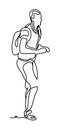 Man tourist with backpack. Continuous line drawing. Isolated on the white background. Vector monochrome, drawing by