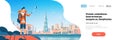 Man tourist backpack taking selfie photo over beautiful Dubai city background cityscape flat horizontal banner copy