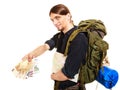 Man tourist backpacker paying euro money. Travel. Royalty Free Stock Photo