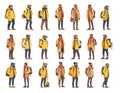 Man tourist cartoon style vector set. Trip male character hat glasses backpack accessories, yellow jacket brown coat Royalty Free Stock Photo