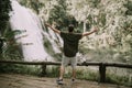 Man tourist enjoying Landscape of wachirathan waterfall, Inthanon National Park, Thailand Royalty Free Stock Photo