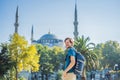 Man tourist enjoying the view Blue Mosque, Sultanahmet Camii, Istanbul, Turkey Royalty Free Stock Photo