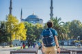 Man tourist enjoying the view Blue Mosque, Sultanahmet Camii, Istanbul, Turkey Royalty Free Stock Photo