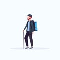 Man tourist hiker with backpack holding stick trekking hiking concept traveler on hike white background full length flat