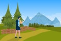 Man tourist hiker backpack male over mountain background tourism concept flat