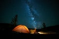 Man tourist near his camp tent at night. Royalty Free Stock Photo