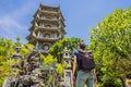 Man tourist in Non Nuoc Pagoda at the marble mountains in Danang city in Vietnam Royalty Free Stock Photo