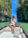 Man tourist in private longtail boat trip to Lagoon koh hong near Hong island, Krabi, Thailand. landmark, destination, Asia Travel Royalty Free Stock Photo