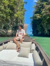 Man tourist in private longtail boat trip to Lagoon koh hong near Hong island, Krabi, Thailand. landmark, destination, Asia Travel Royalty Free Stock Photo