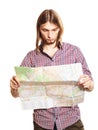 Man tourist reading map on trip. Summer travel. Royalty Free Stock Photo