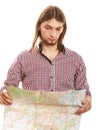 Man tourist reading map on trip. Summer travel. Royalty Free Stock Photo