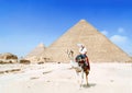 Man tourist riding on camel in Egypt desert