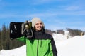 Man Tourist Snowboard Ski Resort Snow Winter Mountain Happy Smiling Guy On Holiday Royalty Free Stock Photo