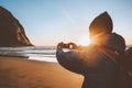 Man tourist taking photo by smartphone traveling in Norway blogger influencer outdoor Royalty Free Stock Photo
