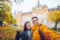 Man tourist taking selfi in front of castle Royalty Free Stock Photo
