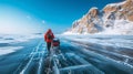 Man tourist walking on the ice of Baikal lake. Winter landscape of lake. Blue transparent cracked ice and the blue sky. Royalty Free Stock Photo