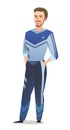 Man in tracksuit. Guy got ready for sports activities. Cheerful person. Standing pose. Cartoon comic style flat design