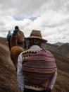 Man in traditional andean indigenous clothes hiking with alpaca at colorful Palccoyo rainbow mountain Palcoyo Cuzco Peru Royalty Free Stock Photo