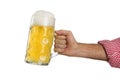 Man in traditional Bavarian shirt holds mug of beer Royalty Free Stock Photo