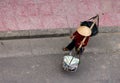 Man in a traditional cone-shaped hat carrying two baskets over the shoulder on a bamboo stick Royalty Free Stock Photo