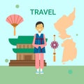 Man In Traditional Korean Clothes Over Korea Map And Temple Or Palace Building Background