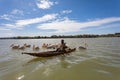 Man on a traditional and primitive bamboo boat feeding pelicans on Lake Tana