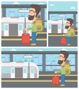 Man at the train station vector illustration.