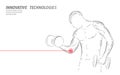 Man training with dumbbell elbow injury. Red painful area polygonal sports medicine abstract concept. Strong