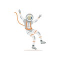 Man training before flight in cosmos. Cartoon cosmonaut character wearing spacesuit. Young astronaut flying in open