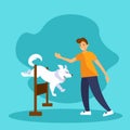 Man training his dog`s agility with a jump bar. Smiling man and funny white dog playing together Royalty Free Stock Photo